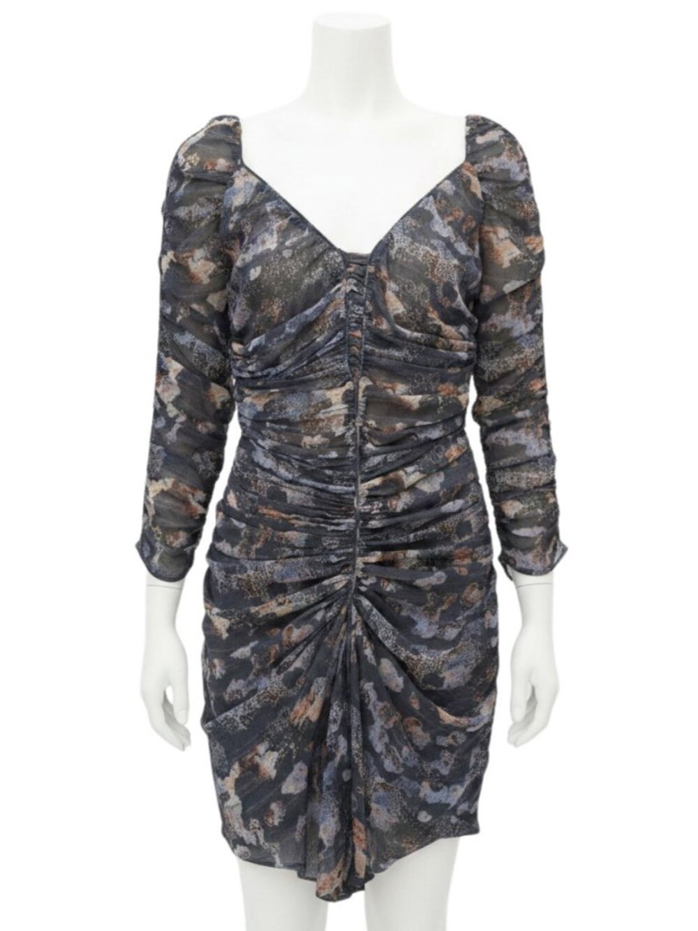 Isabel Marant Silk Ruched Sleeve Mini Dress Womens US 6 FR 38 Multi Rear Zip